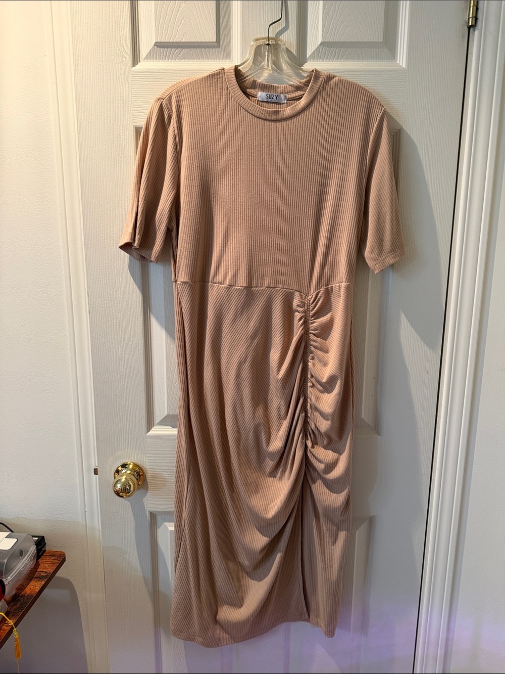 Suzy Shier Blush Ribbed Ruched Midi Dress